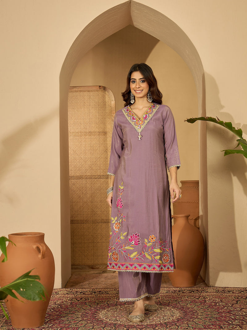 Purple Floral Embroidered Straight Kurta With Palazzo & Dupatta