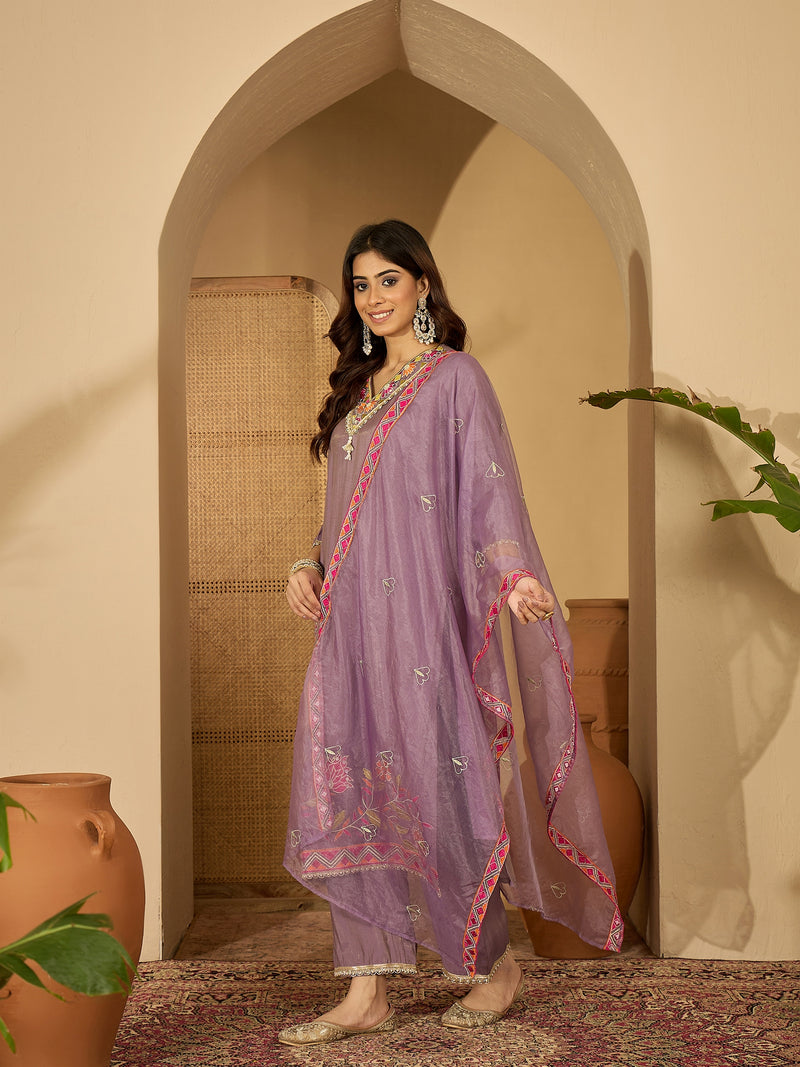 Purple Floral Embroidered Straight Kurta With Palazzo & Dupatta