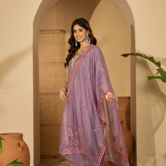 Purple Floral Embroidered Straight Kurta With Palazzo & Dupatta