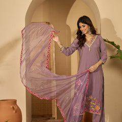 Purple Floral Embroidered Straight Kurta With Palazzo & Dupatta
