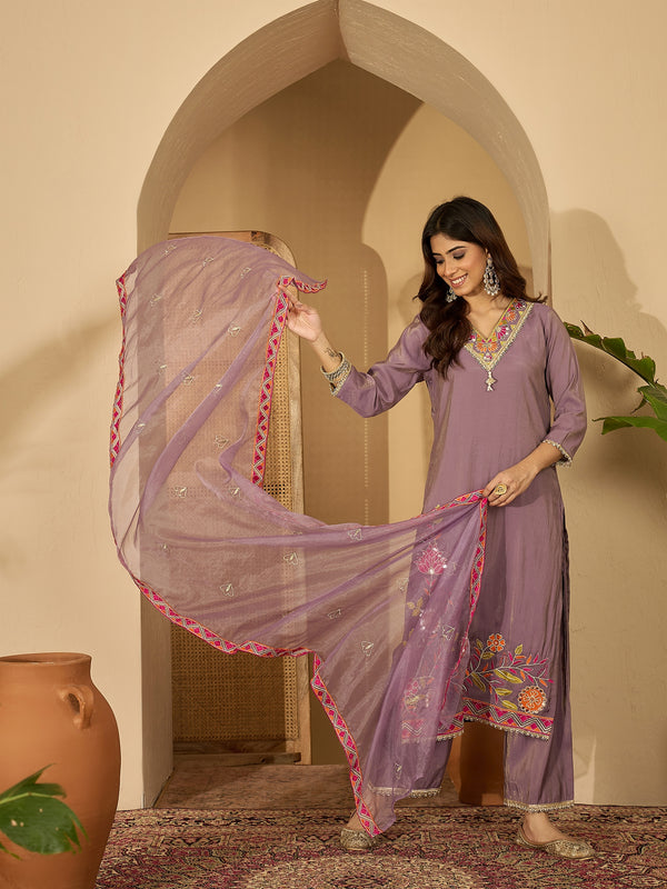 Purple Floral Embroidered Straight Kurta With Palazzo & Dupatta