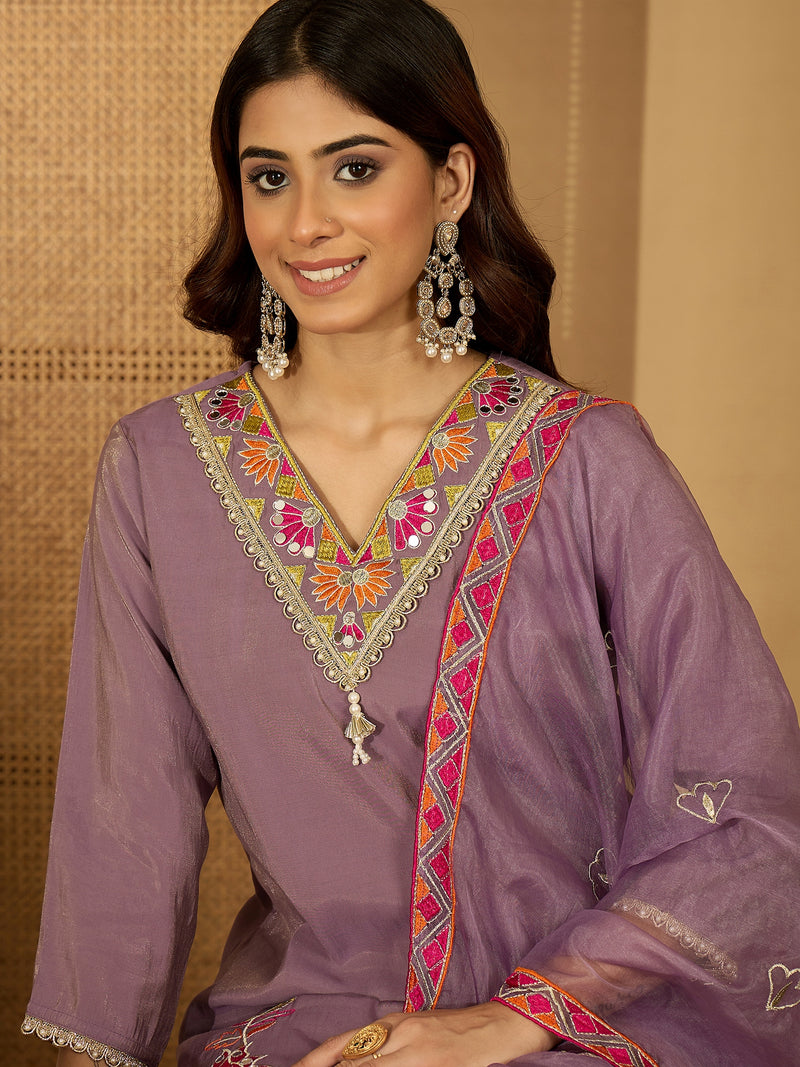 Purple Floral Embroidered Straight Kurta With Palazzo & Dupatta
