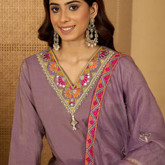 Purple Floral Embroidered Straight Kurta With Palazzo & Dupatta