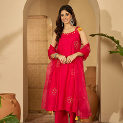 Rani Embroidered Shoulder Strap Kurta With Pant & Dupatta Kurta Set