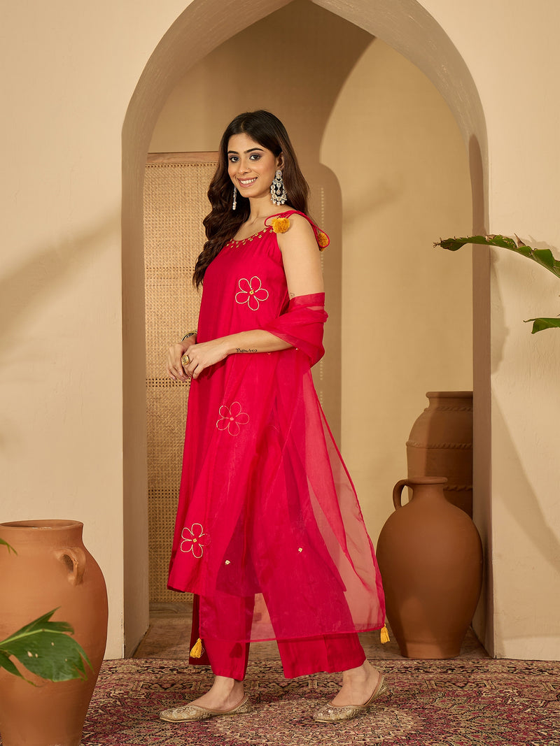 Rani Embroidered Shoulder Strap Kurta With Pant & Dupatta Kurta Set