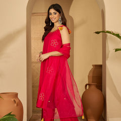 Rani Embroidered Shoulder Strap Kurta With Pant & Dupatta Kurta Set