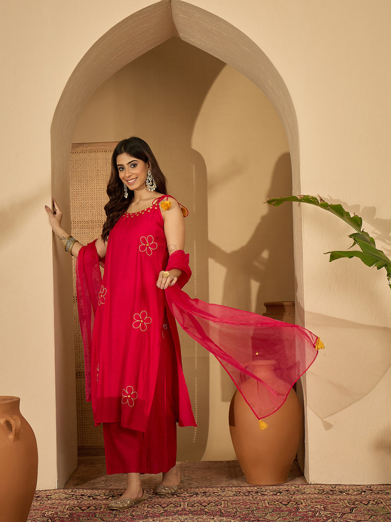 Rani Embroidered Shoulder Strap Kurta With Pant & Dupatta Kurta Set