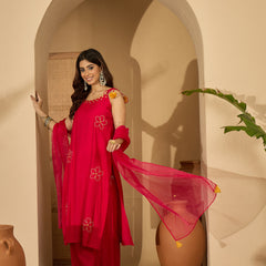 Rani Embroidered Shoulder Strap Kurta With Pant & Dupatta Kurta Set