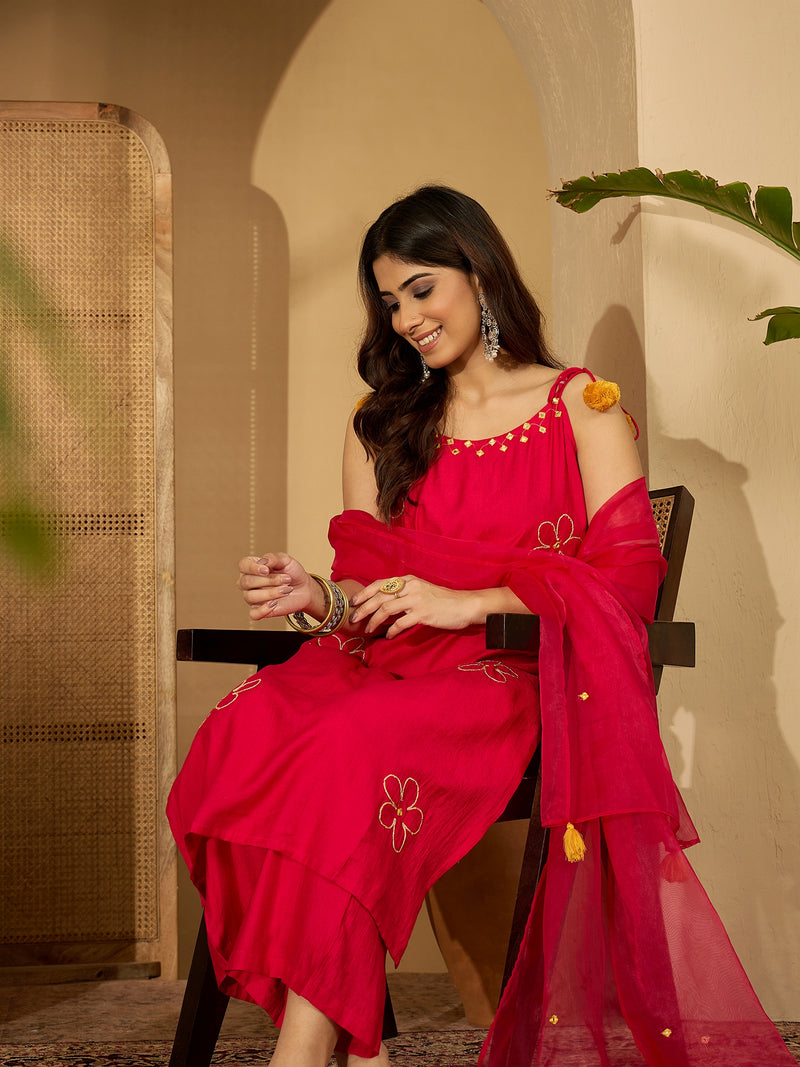 Rani Embroidered Shoulder Strap Kurta With Pant & Dupatta Kurta Set