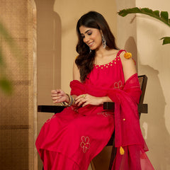 Rani Embroidered Shoulder Strap Kurta With Pant & Dupatta Kurta Set