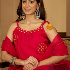 Rani Embroidered Shoulder Strap Kurta With Pant & Dupatta Kurta Set