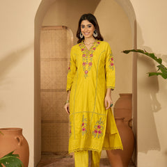 Pure Cotton Floral Embroidered Kurta with Trouser & Dupatta Kurta Set