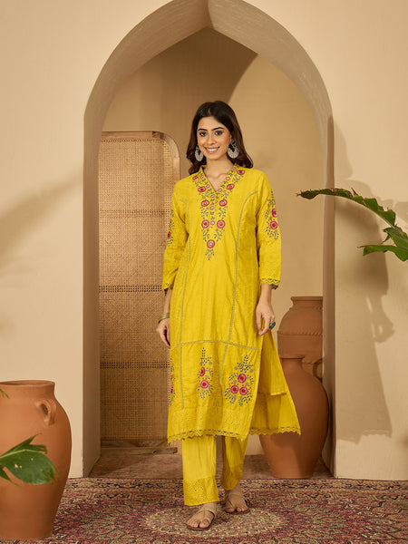 Pure Cotton Floral Embroidered Kurta with Trouser & Dupatta Kurta Set