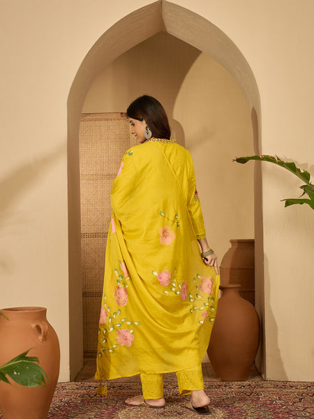 Pure Cotton Floral Embroidered Kurta with Trouser & Dupatta Kurta Set