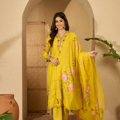 Pure Cotton Floral Embroidered Kurta with Trouser & Dupatta Kurta Set