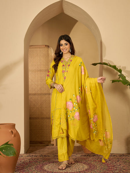 Pure Cotton Floral Embroidered Kurta with Trouser & Dupatta Kurta Set