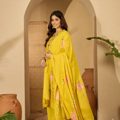 Pure Cotton Floral Embroidered Kurta with Trouser & Dupatta Kurta Set
