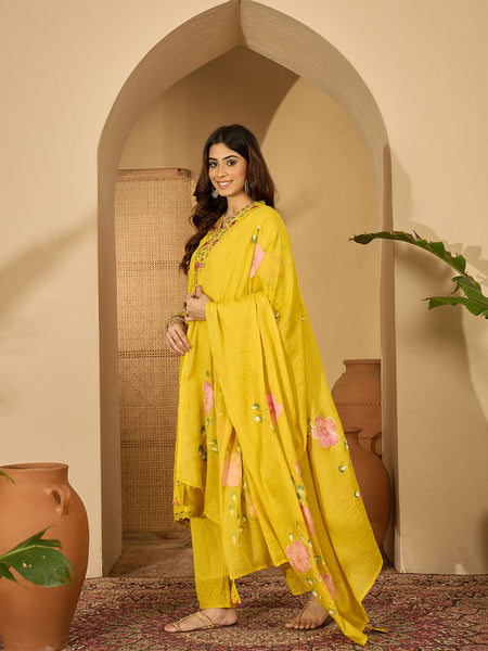 Pure Cotton Floral Embroidered Kurta with Trouser & Dupatta Kurta Set