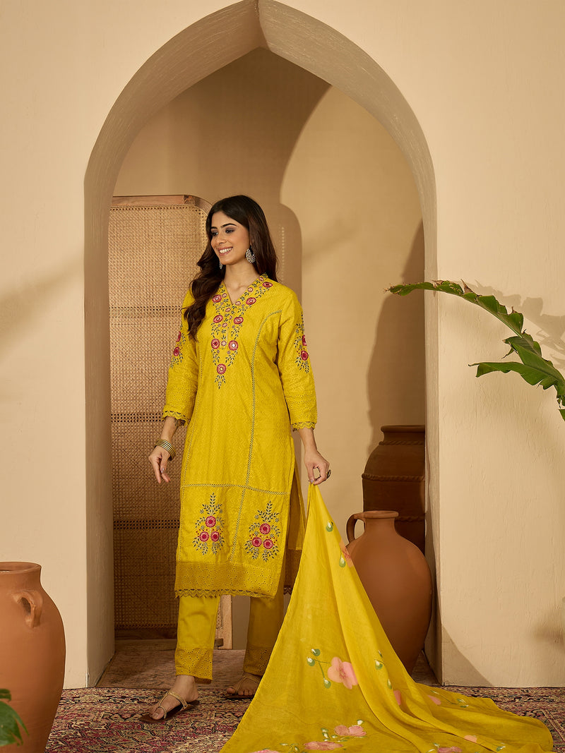 Pure Cotton Floral Embroidered Kurta with Trouser & Dupatta Kurta Set