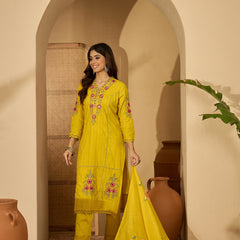 Pure Cotton Floral Embroidered Kurta with Trouser & Dupatta Kurta Set