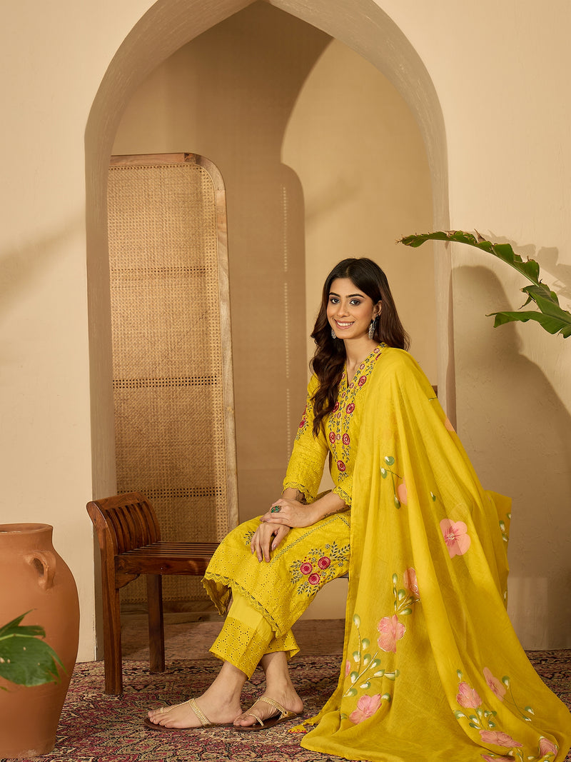 Pure Cotton Floral Embroidered Kurta with Trouser & Dupatta Kurta Set