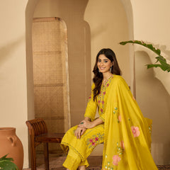 Pure Cotton Floral Embroidered Kurta with Trouser & Dupatta Kurta Set