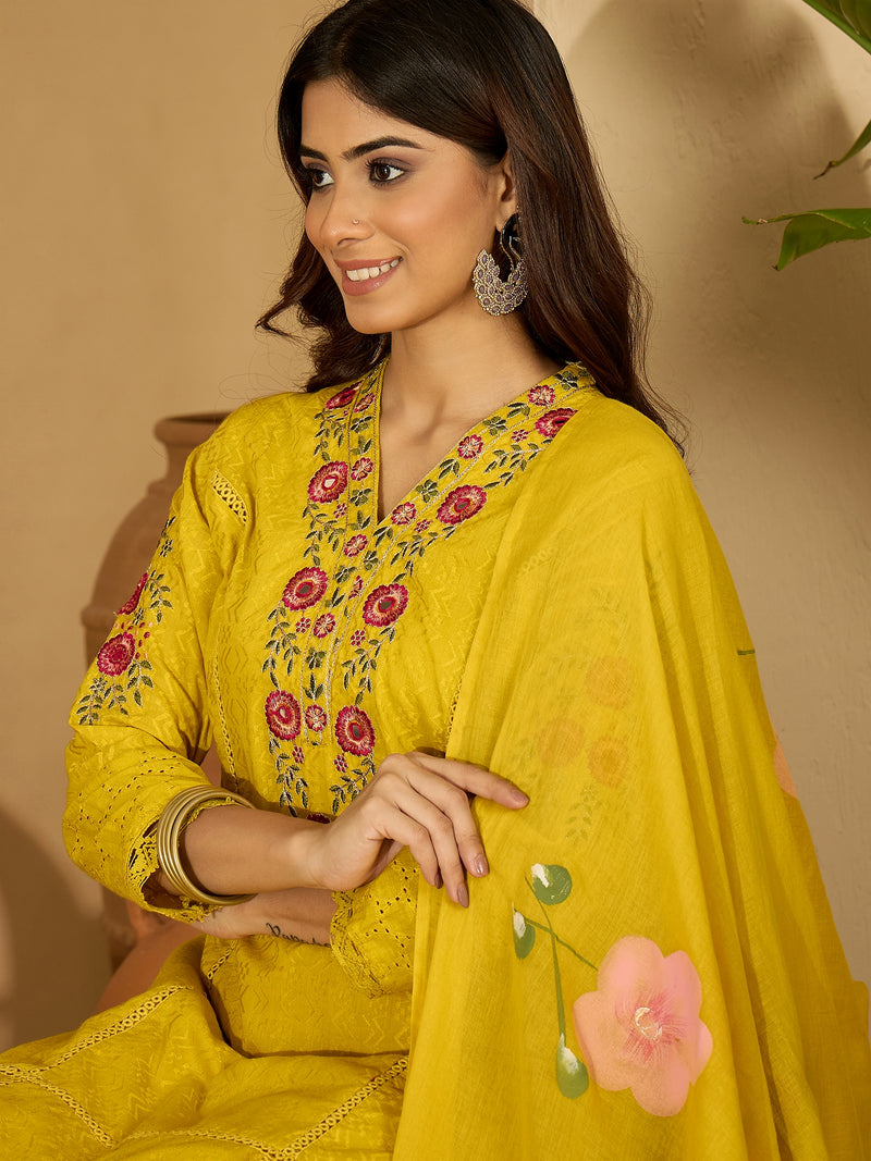Pure Cotton Floral Embroidered Kurta with Trouser & Dupatta Kurta Set