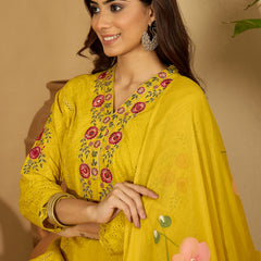 Pure Cotton Floral Embroidered Kurta with Trouser & Dupatta Kurta Set