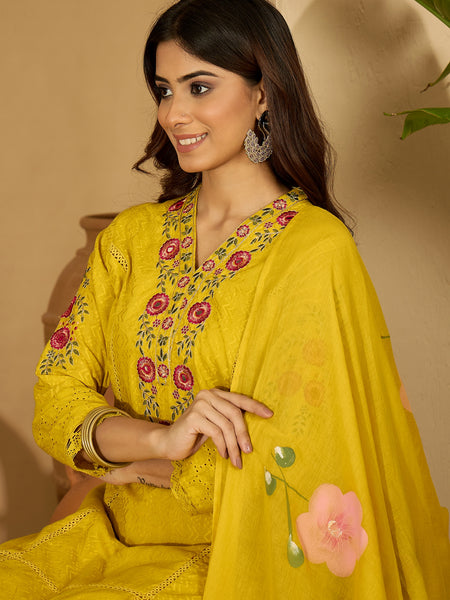 Pure Cotton Floral Embroidered Kurta with Trouser & Dupatta Kurta Set