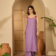 Purple Embroidered Shoulder Strap Kurta With Pant & Dupatta Kurta Set