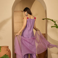 Purple Embroidered Shoulder Strap Kurta With Pant & Dupatta Kurta Set