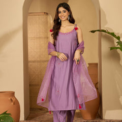 Purple Embroidered Shoulder Strap Kurta With Pant & Dupatta Kurta Set