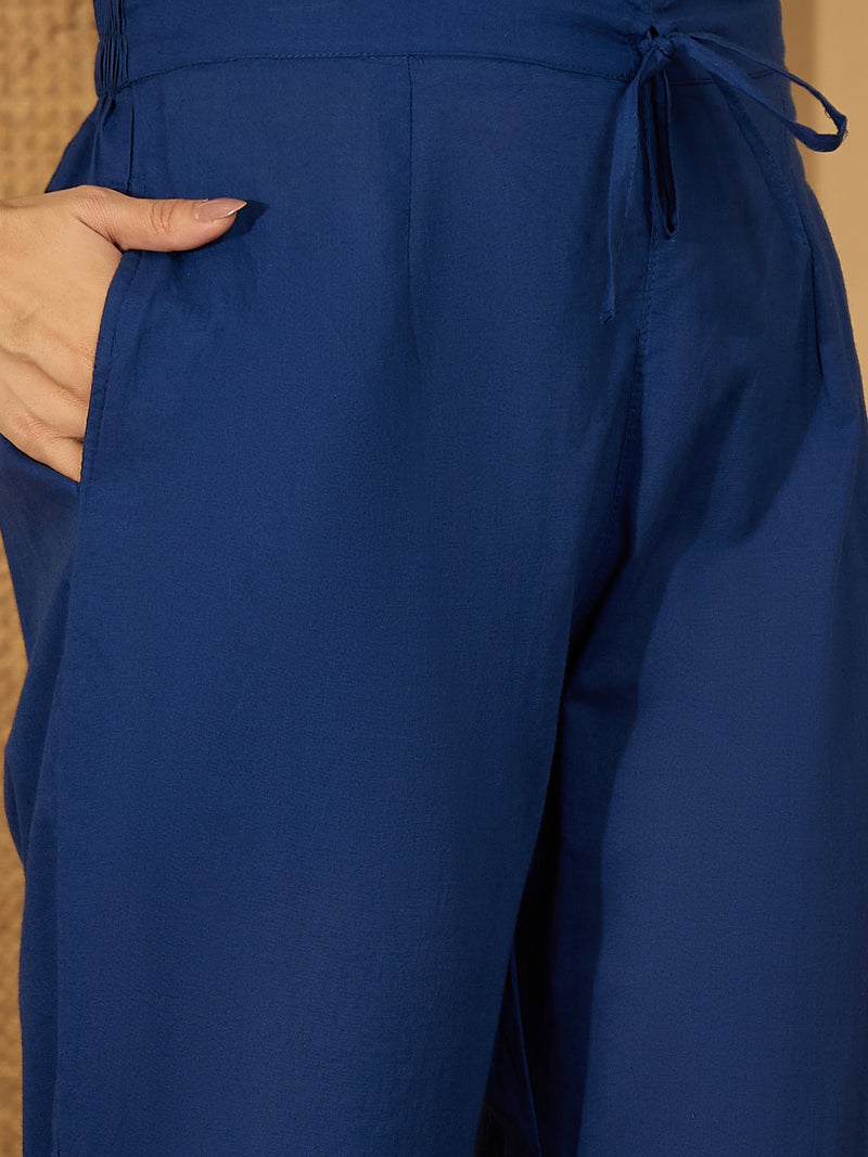 Royal Blue Hand Printed Schiffli Pure Cotton Kurta With Trousers & Dupatta Kurta Set