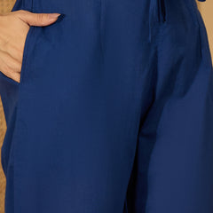 Royal Blue Hand Printed Schiffli Pure Cotton Kurta With Trousers & Dupatta Kurta Set