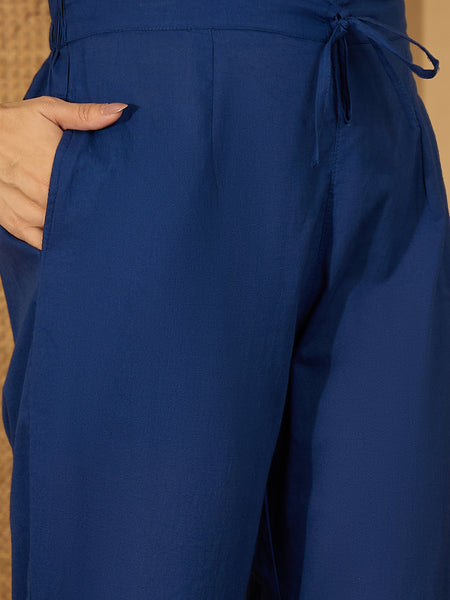 Royal Blue Hand Printed Schiffli Pure Cotton Kurta With Trousers & Dupatta Kurta Set