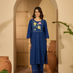 Royal Blue Hand Printed Schiffli Pure Cotton Kurta With Trousers & Dupatta Kurta Set