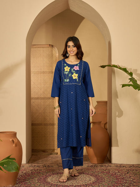 Royal Blue Hand Printed Schiffli Pure Cotton Kurta With Trousers & Dupatta Kurta Set