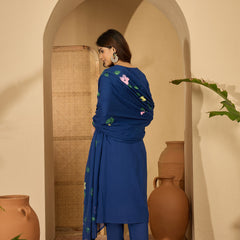 Royal Blue Hand Printed Schiffli Pure Cotton Kurta With Trousers & Dupatta Kurta Set
