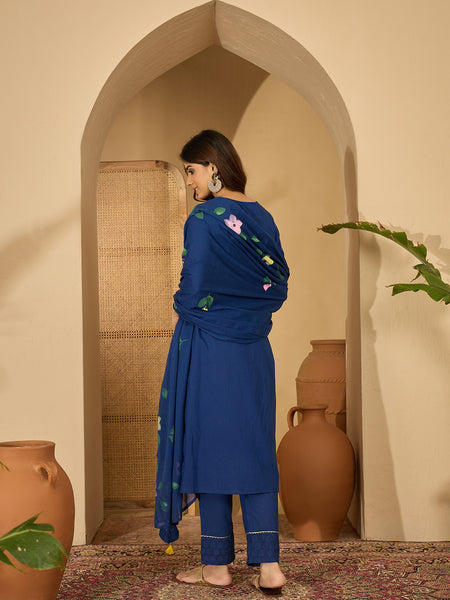 Royal Blue Hand Printed Schiffli Pure Cotton Kurta With Trousers & Dupatta Kurta Set