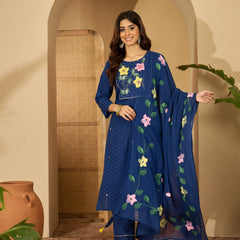 Royal Blue Hand Printed Schiffli Pure Cotton Kurta With Trousers & Dupatta Kurta Set