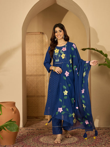 Royal Blue Hand Printed Schiffli Pure Cotton Kurta With Trousers & Dupatta Kurta Set