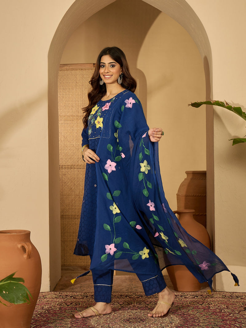 Royal Blue Hand Printed Schiffli Pure Cotton Kurta With Trousers & Dupatta Kurta Set