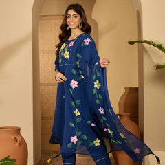 Royal Blue Hand Printed Schiffli Pure Cotton Kurta With Trousers & Dupatta Kurta Set