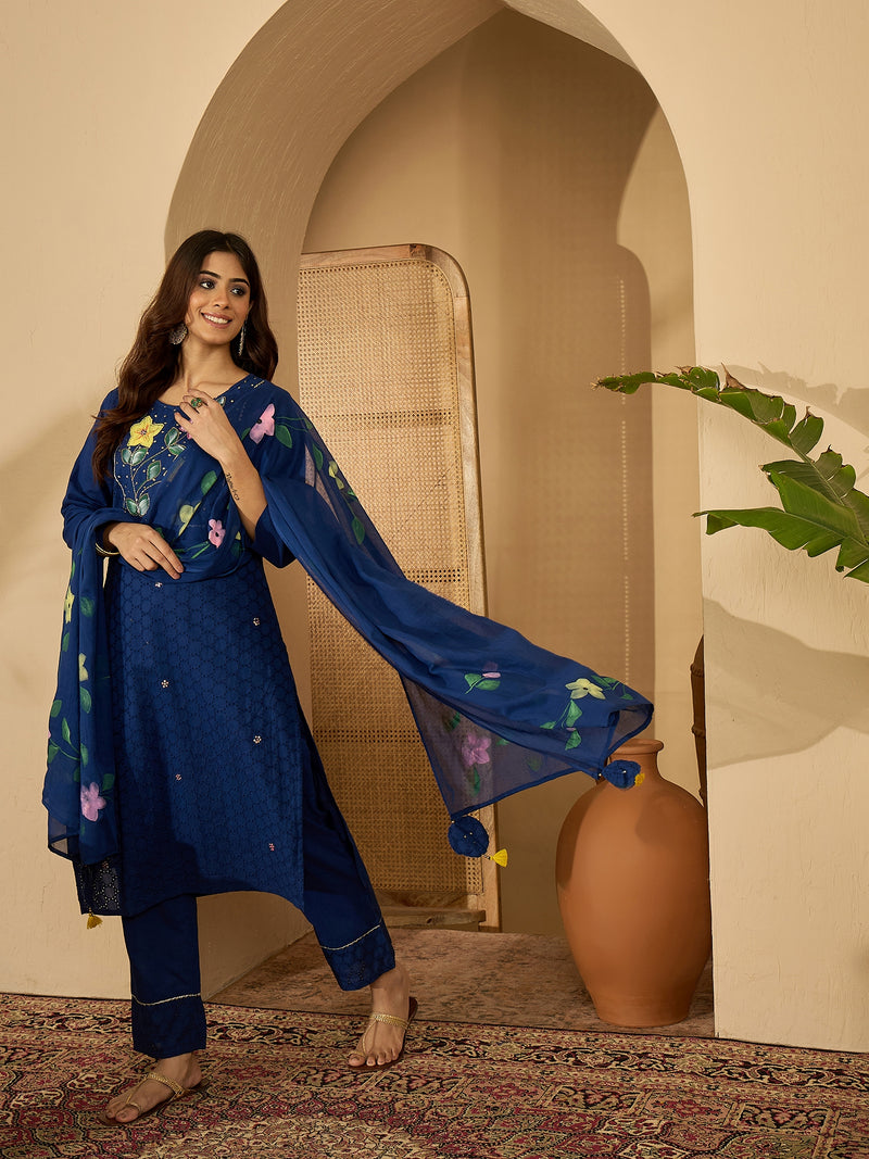 Royal Blue Hand Printed Schiffli Pure Cotton Kurta With Trousers & Dupatta Kurta Set