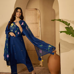 Royal Blue Hand Printed Schiffli Pure Cotton Kurta With Trousers & Dupatta Kurta Set