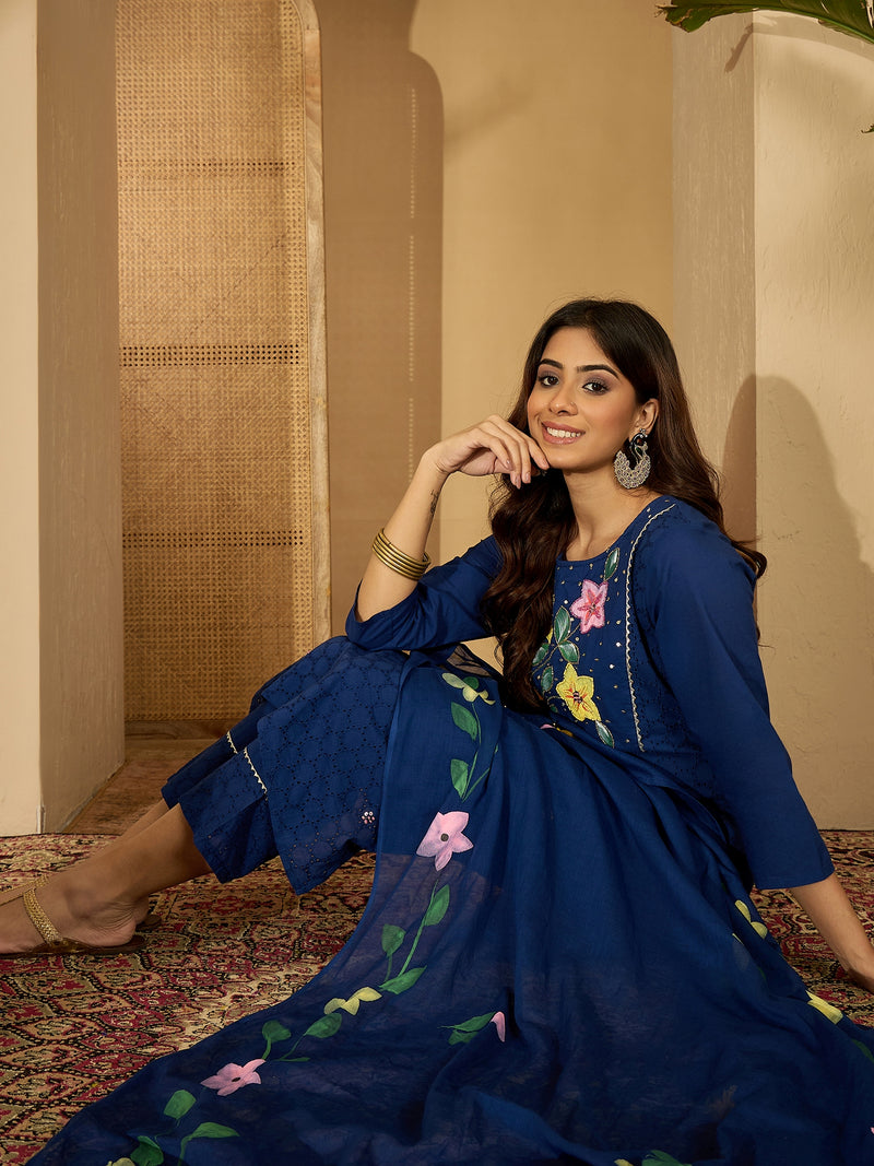 Royal Blue Hand Printed Schiffli Pure Cotton Kurta With Trousers & Dupatta Kurta Set