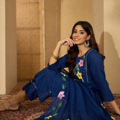 Royal Blue Hand Printed Schiffli Pure Cotton Kurta With Trousers & Dupatta Kurta Set