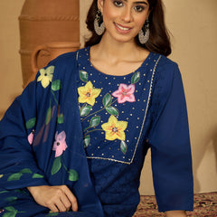 Royal Blue Hand Printed Schiffli Pure Cotton Kurta With Trousers & Dupatta Kurta Set