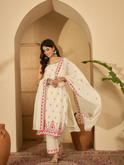 Pure Cotton Embroidered Shoulder Strap Kurta With Pant & Dupatta Kurta Set