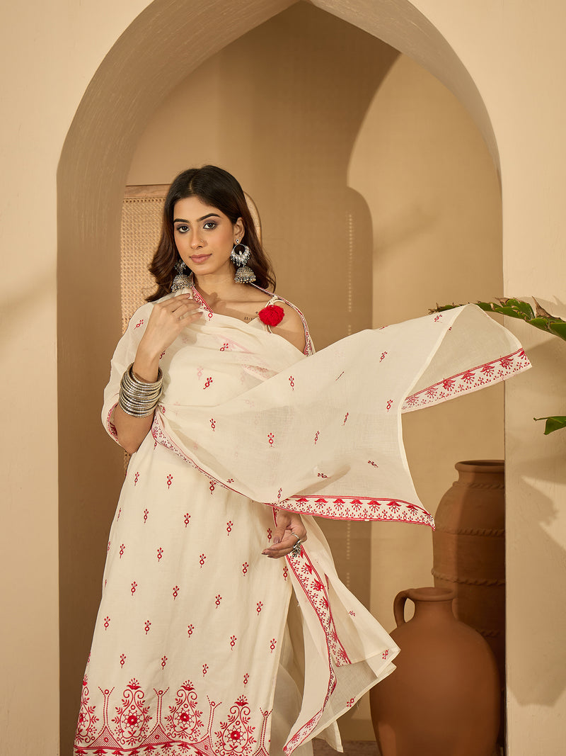 Pure Cotton Embroidered Shoulder Strap Kurta With Pant & Dupatta Kurta Set